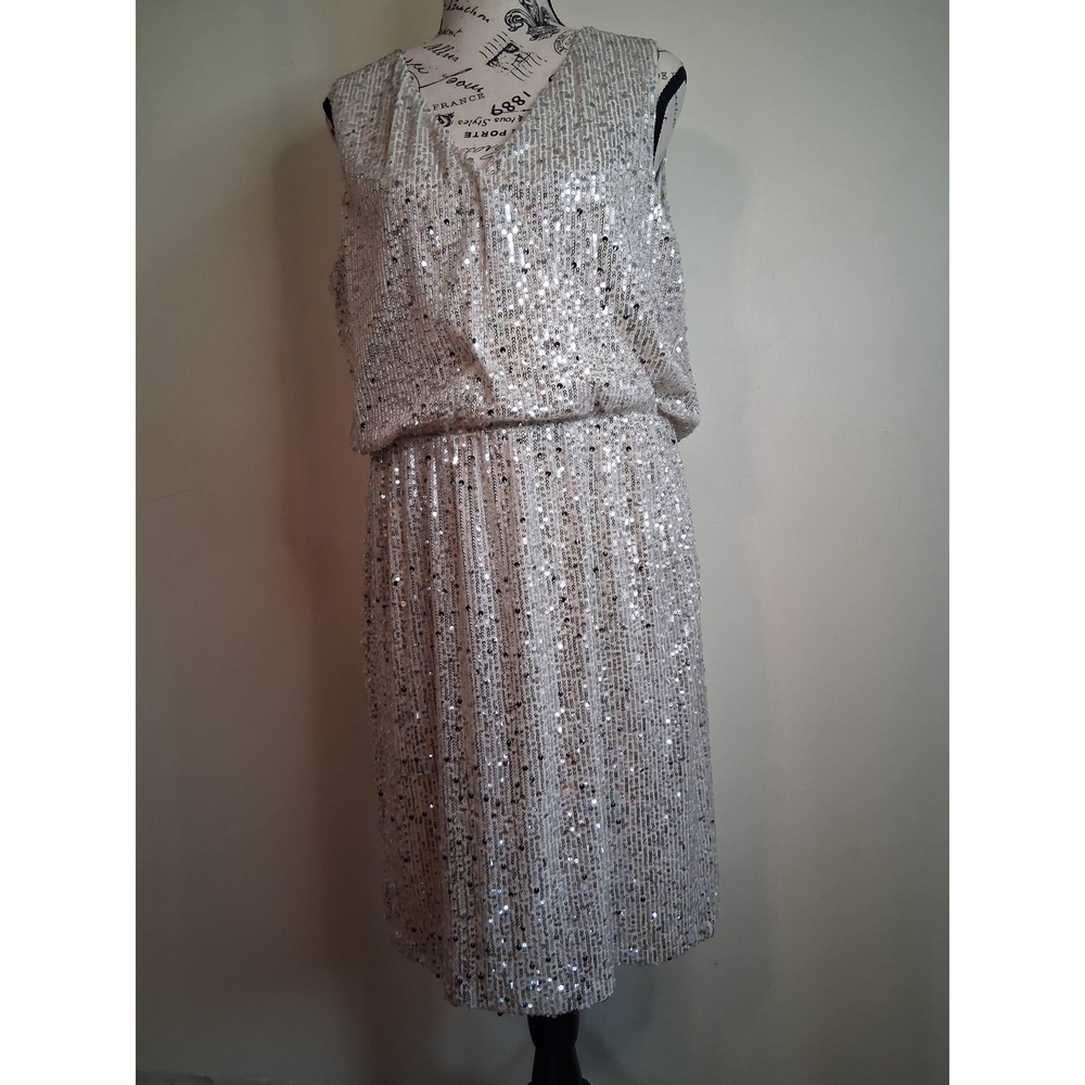 Rock & Shine Silver Sequin Blouson Midi Dress Sleeveless V-Neck Party Glam
